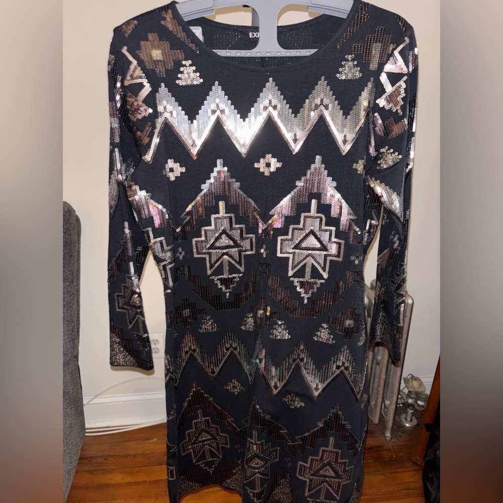Express Black with metallic Aztec print Sequins Mini Dress